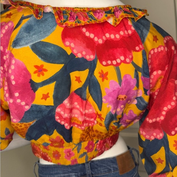 FARM Rio Floral Yellow and Pink Puff Sleeve Crop Blouse - Picture 7 of 11